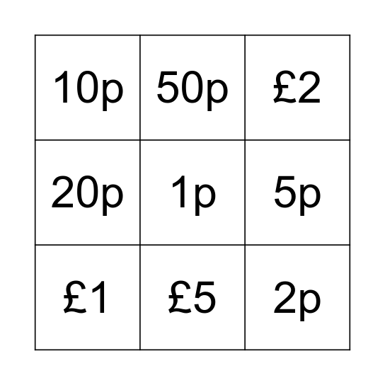 UK Money Bingo Card