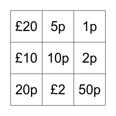 UK Money Bingo Card