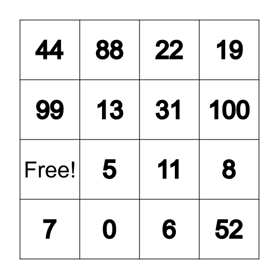 Number Bingo Card