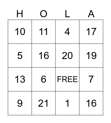 Los Numeros 1-20 Bingo Card