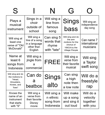 SINGO - Find someone who... Bingo Card