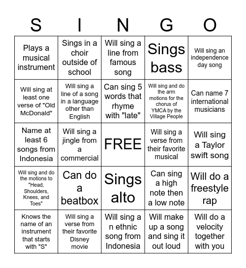 SINGO - Find someone who... Bingo Card