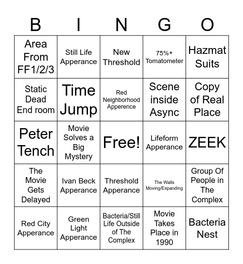 Backrooms movie Bingo Card