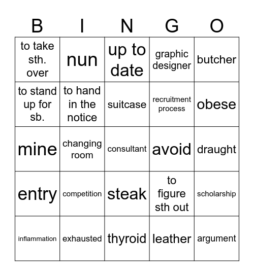 Vocabulary revision Bingo Card