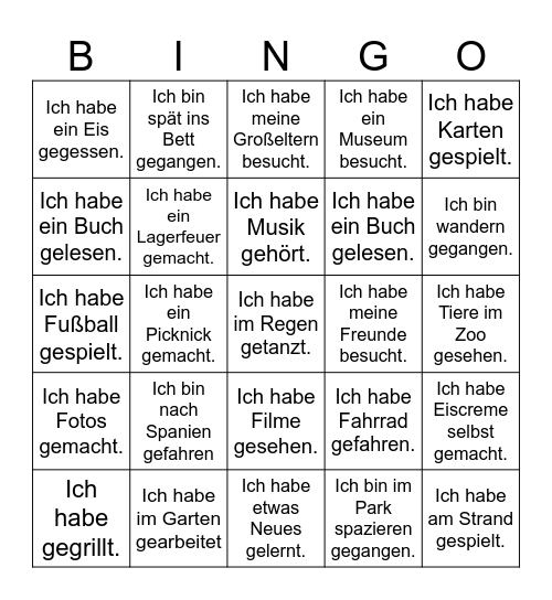 Was hast du in den Ferien gemacht? Bingo Card