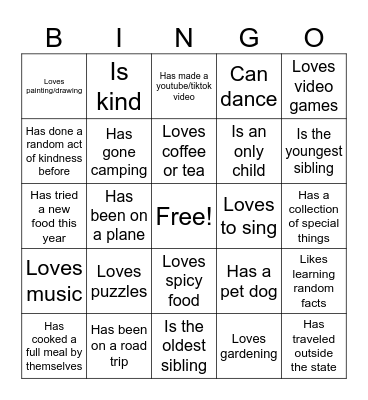 All About Me Bingo Card