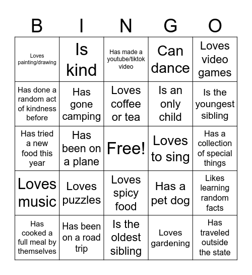 All About Me Bingo Card