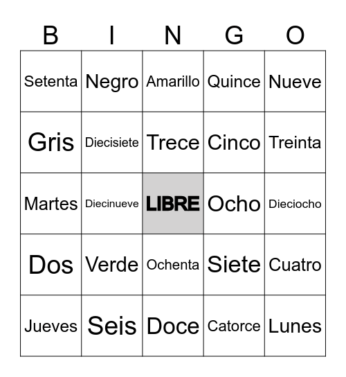 Days, numbers and colors Bingo Card