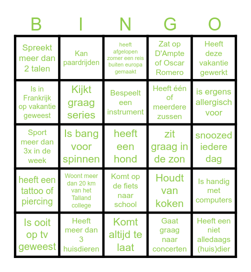 Kennismakingsbingo Talland College Bingo Card
