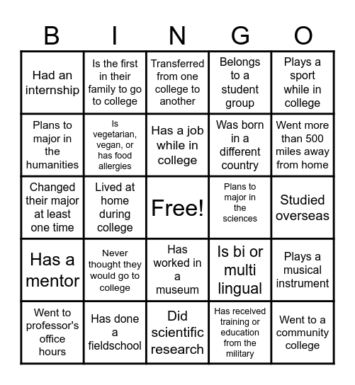 College Week BINGO Card