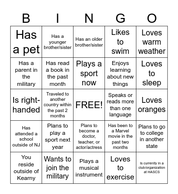 New Student Bingo Card