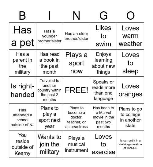 New Student Bingo Card