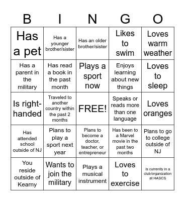 New Student Bingo Card
