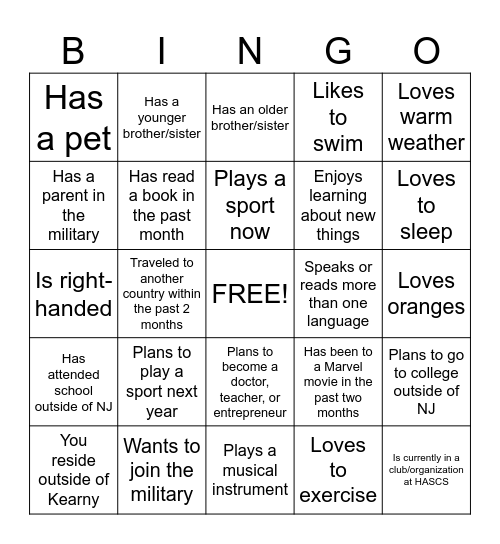 New Student Bingo Card