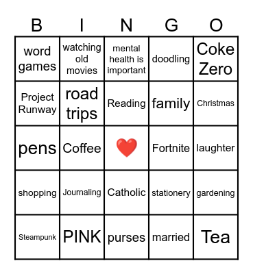 Pen Pal Bingo Card