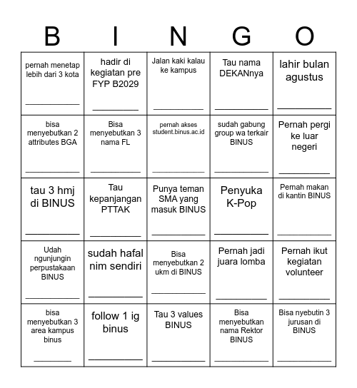 Student Life BINGO Card