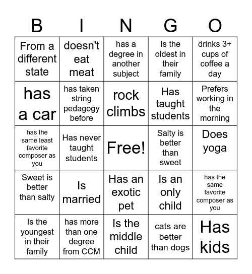 String Ped bingo Card