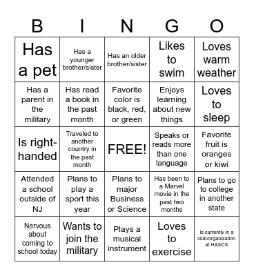 New Student Bingo Card
