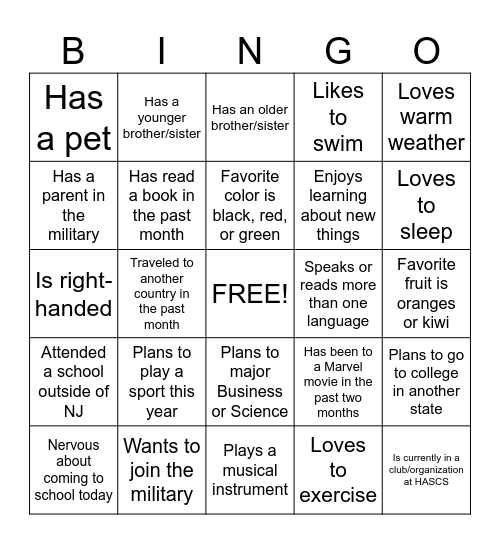 New Student Bingo Card