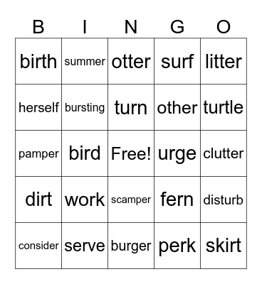Vowel R Bingo Card