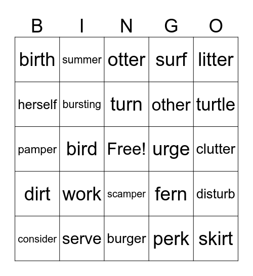 Vowel R Bingo Card