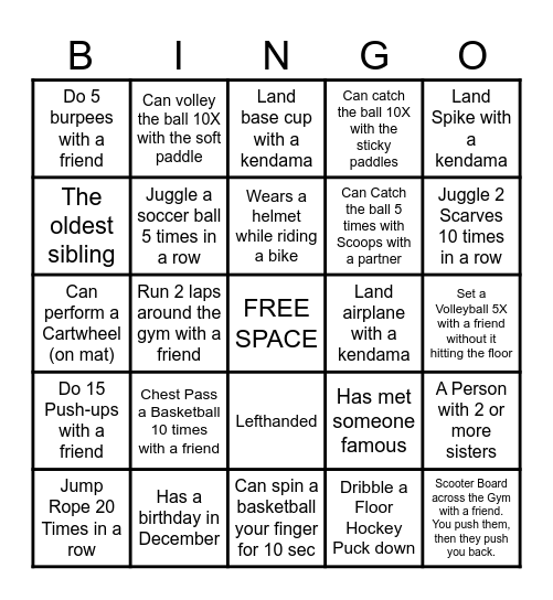 Getting To Know You Physical Education Bingo Card