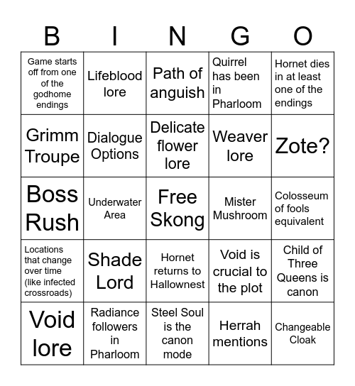Silksong Bingo Card