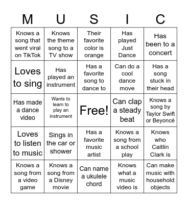 Get to know you music BINGO! Bingo Card