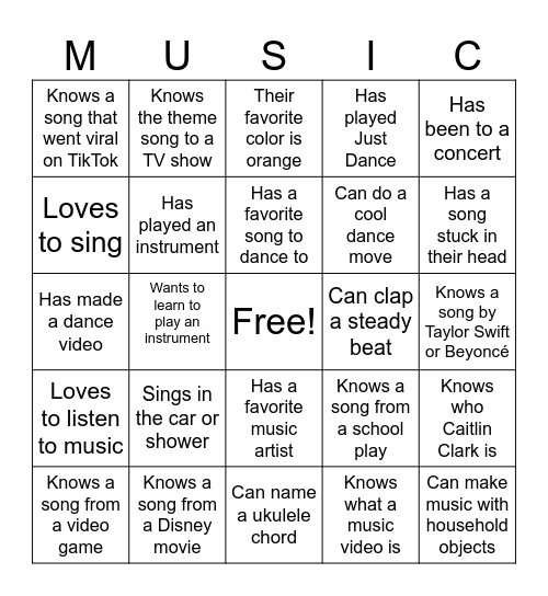 Get to know you music BINGO! Bingo Card