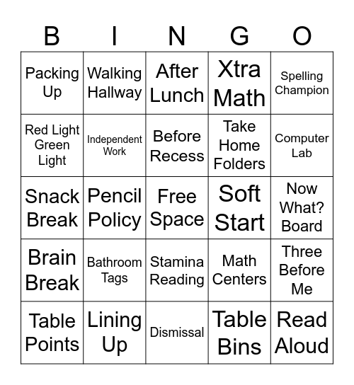 Classroom Expectations Bingo Card