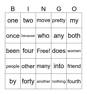 Heart Word BINGO Card