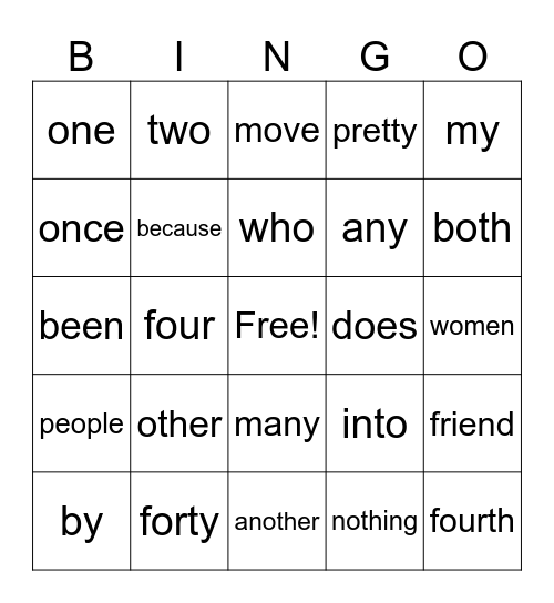 Heart Word BINGO Card