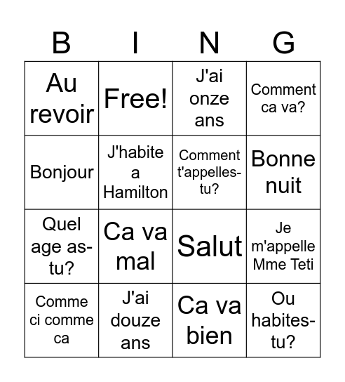 Les Salutations Bingo Card