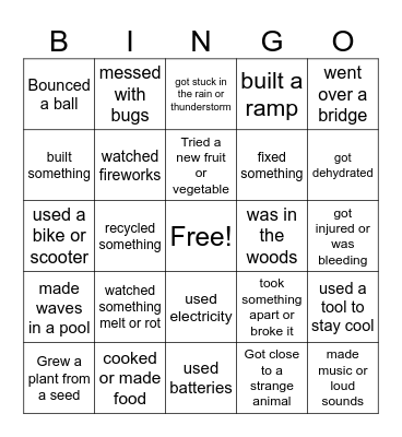 Summer Science Bingo Card