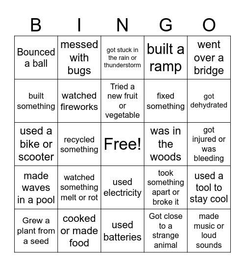 Summer Science Bingo Card