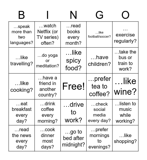 Do you...? Does your brother/ sister...? Bingo Card