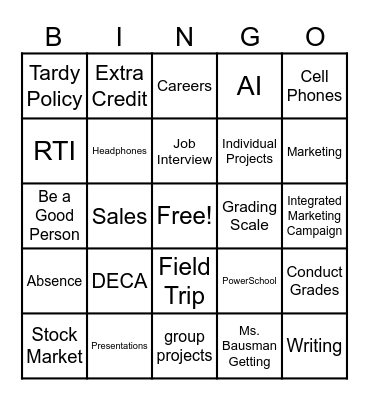 Intro to Marketing - Syllabus Bingo Card