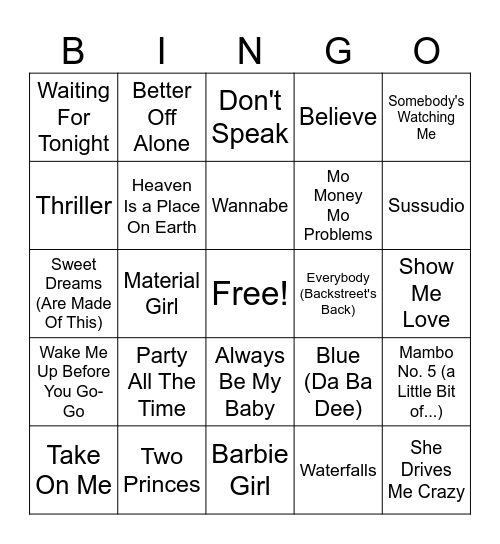 Hits of the 80's & 90's Bingo Card