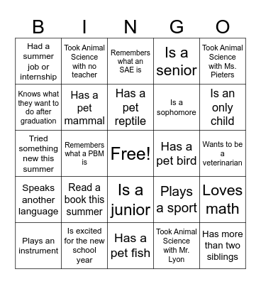 Animal Science II Get to Know You Bingo Card