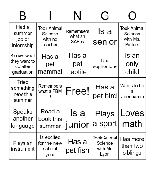 Animal Science II Get to Know You Bingo Card
