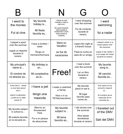 Get To Know You BINGO Card