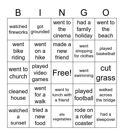 What Did You Do This Summer Bingo Card