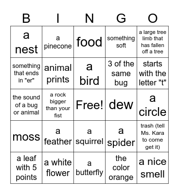 Nature Walk Bingo Card