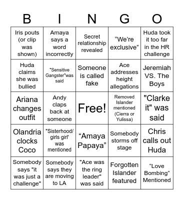 Love Island Bingo Card