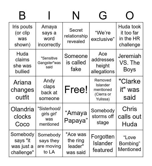 Love Island Bingo Card