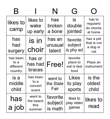 First Day of School Bingo Card