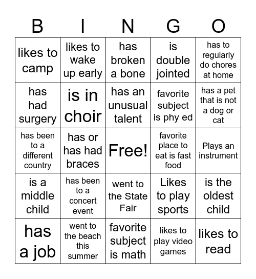 First Day of School Bingo Card