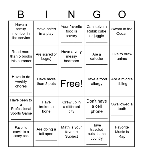LMA Back to School Bingo Card