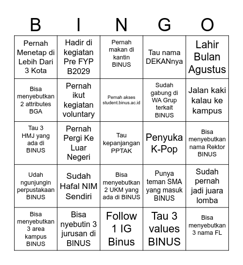 Student Life BINGO : 3 Bingo Card