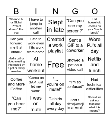 Work From Home Bingo Card